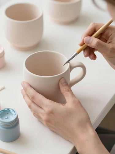 Close-up of hands carefully painting a ceramic mug with a fine brush, pastel glaze pots nearby, soft natural daylight, 35mm