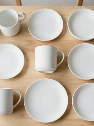 Top-down flat lay of clean white unglazed ceramic mugs and plates arranged neatly on a light wooden table, soft natural morning light, pastel glaze pots nearby, 35mm editorial photography