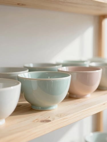 A row of newly glazed pastel ceramic bowls catching soft natural window light on a clean wooden shelf, minimalist setting, 35mm