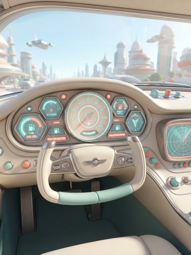 Bright 3D render of a retro-futuristic flying car dashboard, pastel teal and coral dials, sleek cream-colored console, soft optimistic studio lighting, clean geometric shadows
