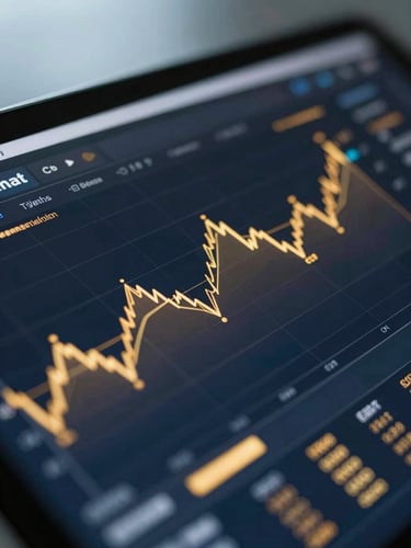 Extreme close-up of a high-fidelity financial dashboard on a dark screen, glowing gold analytics curves, soft ambient blue office light, sharp focus, 35mm