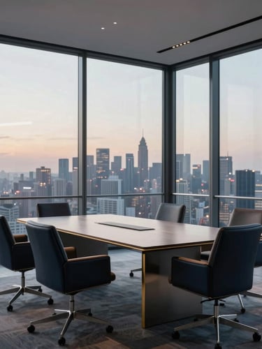 Wide environmental shot of a modern minimalist boardroom, floor-to-ceiling glass windows overlooking a soft-lit city skyline at dusk, premium leather and steel furniture, 35mm