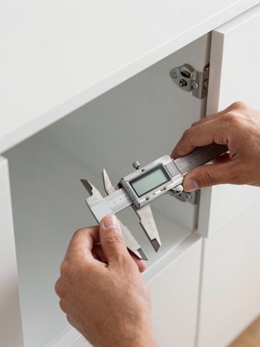 Overhead close-up of a technician using a digital caliper to measure the inner frame of a white kitchen cabinet, soft natural side light, metallic tools visible on a clean surface.