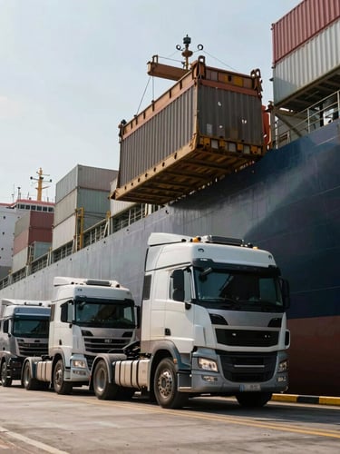 Portrait shot of heavy trucks being loaded onto a cargo ship at a busy port, harsh natural daylight emphasizing metallic textures and scale, low-angle perspective.