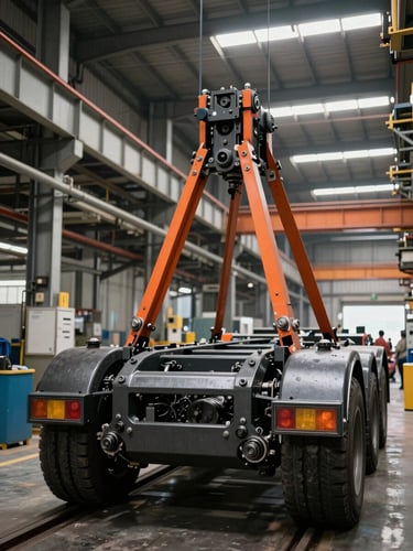 Portrait shot of a massive factory assembly line, heavy truck chassis suspended under harsh industrial lighting, deep charcoal and safety-orange accents, emphasizing metallic textures and scale.