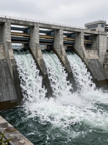 Wide-angle view from the base of a concrete dam spillway, water rushing through discharge gates, massive civil structure filling the frame, overcast industrial daylight, sense of engineered scale