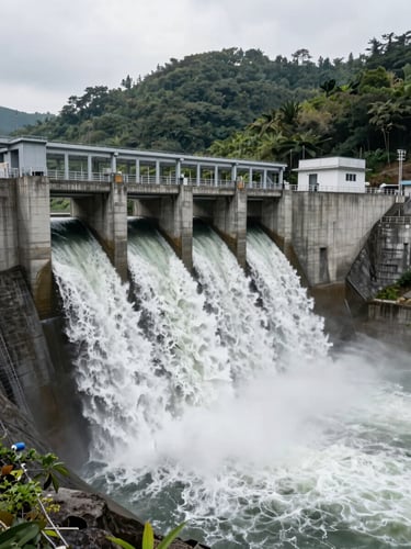 Wide shot from the base of a large concrete dam spillway, water surging through open gates at full flow, dramatic scale of civil structure against forested hillside, overcast daylight with mist rising from discharge