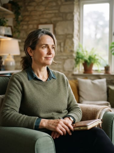 A professional environmental portrait of a female psychologist in a calm, light-filled office with warm stone walls, sitting thoughtfully, soft daylight, shallow depth of field, 35mm