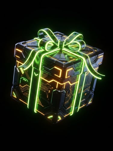 Sleek digital 3D render of a glowing neon gold and cyber green gift box, floating on a pitch-black background, high-contrast cybernetic aesthetic, sharp macro focus