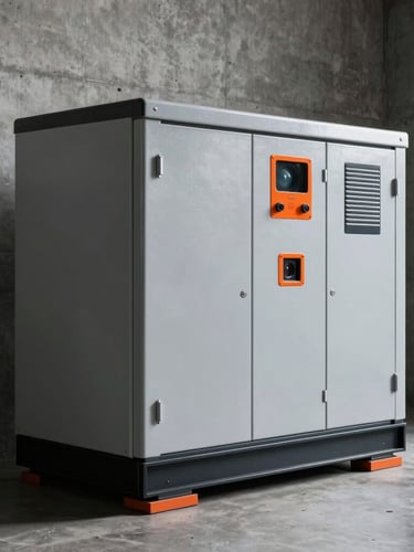 Industrial emergency diesel generator in a modern concrete technical room, high-contrast dramatic lighting, metallic textures with safety orange details, sharp focus, 35mm lens