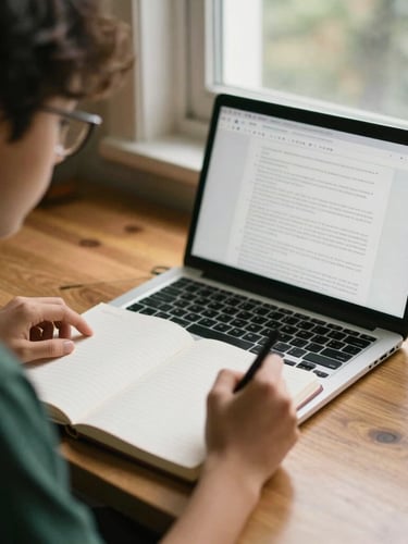 A focused student studying at a wooden desk by a warm window, a notebook open with neat handwriting, a laptop showing a clean language exercise, warm editorial photography, 35mm