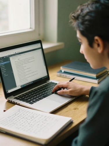 A focused Afghan student studying in a warm, sunlit room, a laptop showing a clean programming interface, an open notebook with elegant Dari script, soft 35mm photography.