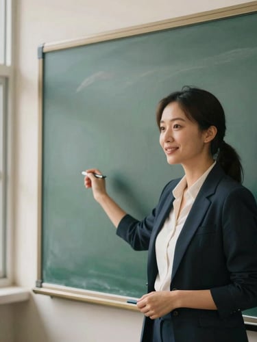 A dedicated female educator presenting on a clean digital board, warm natural window light, professional setting, shallow depth of field.