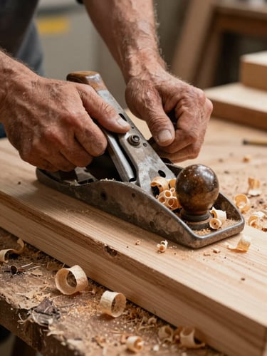 Close-up of weathered hands using a traditional hand plane on a thick slab of reclaimed pine, wood shavings curling off the surface, warm workshop light.