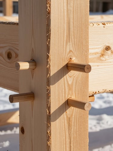 Close-up of massive hand-hewn pine timber joints locked with wooden pegs, crisp winter sunlight casting sharp shadows across the rugged wood grain.