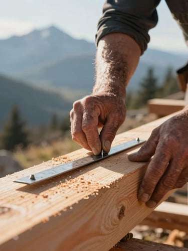 A close-up of a carpenter's weathered hands marking a thick Douglas fir timber with a steel framing square under crisp morning mountain light.