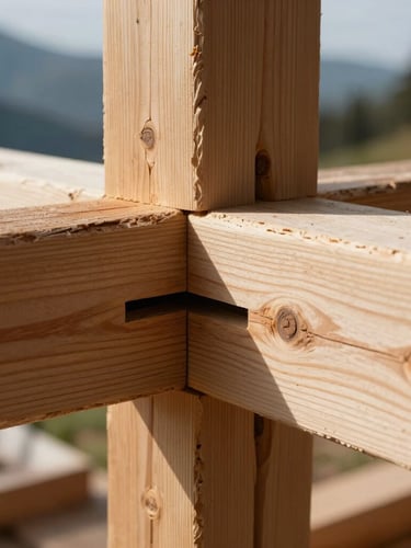 Extreme close-up of a heavy timber mortise and tenon joint, raw textured wood grain, crisp natural mountain daylight, outdoor workshop setting.