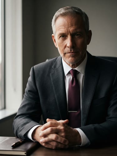 A close-up portrait of a senior financial advisor in a dark tailored suit, low-key dramatic window light casting soft shadows, warm wine-toned highlights, neutral gray background, professional and serious expression.
