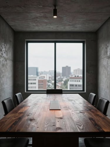 Wide architectural angle of a modern minimalist boardroom in Polanco, concrete walls, dark oak table reflecting low-key warm wine light, large window showing soft city blur, professional atmosphere.