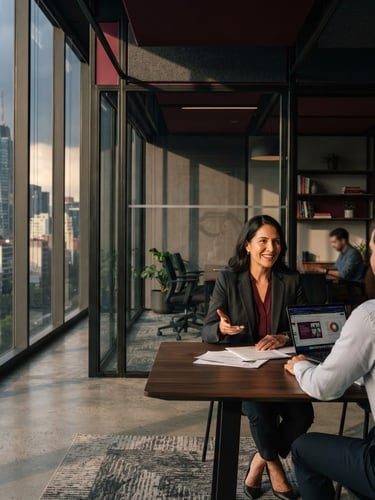 Dramatic window light casting soft shadows on a structured modern corporate office interior in Mexico City, deep wine and charcoal gray tones, editorial corporate photography style, 35mm lens