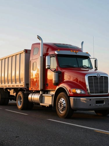 A low-angle heroic shot of a clean, well-maintained heavy-haul truck parked on an Oregon highway during the early morning golden hour, with crisp skies.