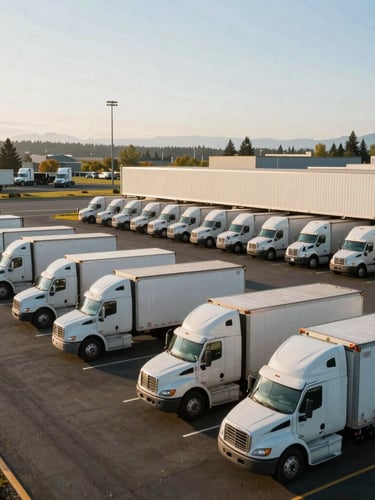 A wide environmental shot of a modern trucking terminal yard in Hermiston, Oregon, with clean company trucks parked in neat rows under a bright morning sky