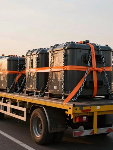 A clean, modern flatbed trailer loaded with heavy industrial equipment, tightly secured with heavy-duty chains and orange straps, early morning light