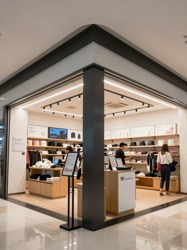 Extreme wide-angle shot of a custom physical mall kiosk built in an active high-traffic retail center, showing crisp structural joints and modern materials