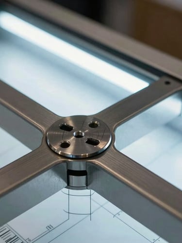 Ultra-tight macro crop of a physical interlocking joint on a retail kiosk, glowing screen-lit environment, showcasing razor-sharp vector line-art and CAD dimension lines overlaid on the physical metal surface.