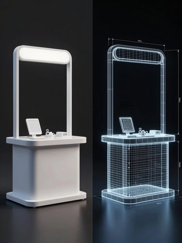 A crisp, high-contrast split-screen visualization showing a 3D rendered modern retail kiosk on the left, and its corresponding technical CAD wireframe with precise dimension lines on the right, glowing screen-lit environment, dark background.