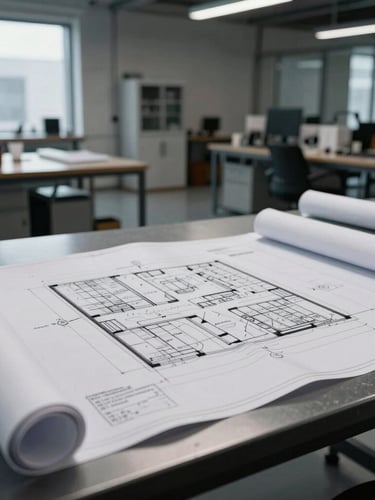 Extreme wide-angle cinematic shot of a modern architectural studio, blueprints spread across a black steel table under cool white light, high-contrast shadows.