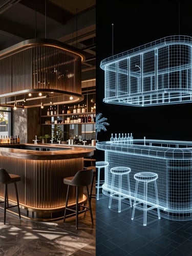 Split-screen comparison showing a high-fidelity 3D render of a modern restaurant bar next to its corresponding technical CAD wireframe, high-contrast daylight on one side, glowing blueprint lines on the other.