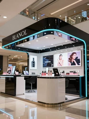 Extreme wide-angle shot of a premium custom cosmetic kiosk on a polished mall floor, gleaming under overhead spot lighting, sharp geometric lines, electric cyan accent lighting strip visible.