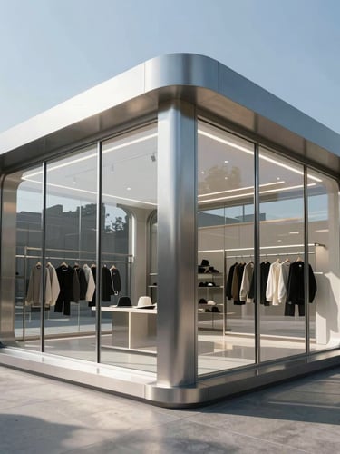 Extreme wide-angle architectural visualization of a futuristic retail kiosk, high-contrast daylight, sharp steel joints and glass panels, hyper-realistic rendering.