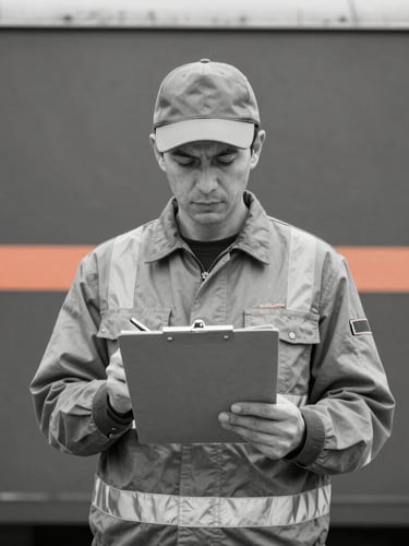 A crisp black and white portrait of a disciplined general laborer in clean high-visibility gear, holding a clipboard and checking off a list, straight-on symmetrical framing, bright daylight