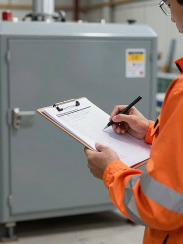 Straight-on industrial photography of a clean work site, a worker in clean high-visibility gear holding a clipboard and checking off a list, bright daylight, high contrast, sharp focus, 35mm