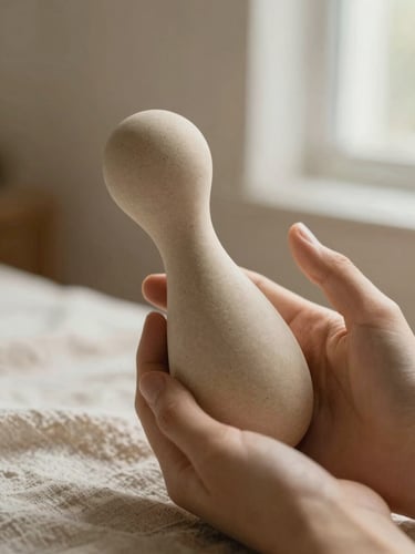 Close-up of a soft hand holding an elegant ceramic-like intimate wellness device, warm diffused natural light, soft linen texture, 35mm