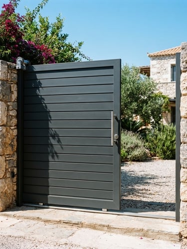 Sharp editorial photography, bright Mediterranean daylight, modern dark grey aluminum sliding gate installed in a stone wall, clean lines, 35mm