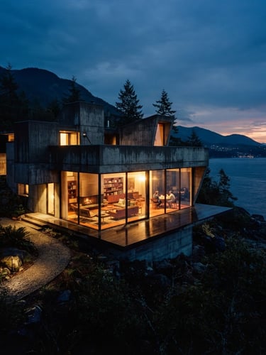 Cinematic architectural render of a brutalist concrete villa at twilight, warm golden light spilling from floor-to-ceiling windows, rich dramatic shadows, 35mm anamorphic lens.
