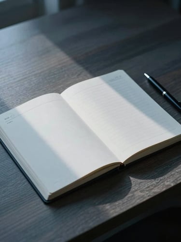 Minimalist editorial photography of a structured wooden desk, an open paper planner, a clean black pen, soft cool morning daylight casting subtle shadows, 35mm