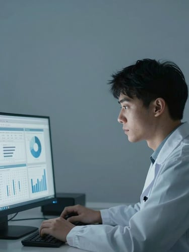 Minimalist environmental portrait of a researcher analyzing clean data charts on a screen, soft cool daylight, deep blue and gray tones, clean composition, 35mm