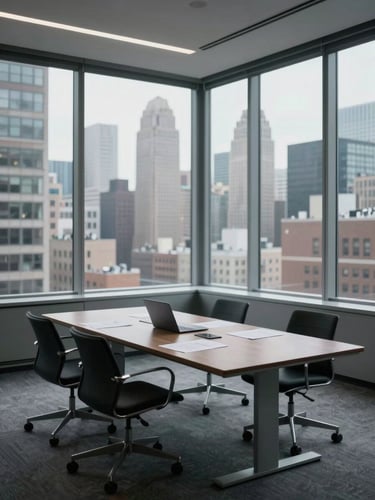 Wide environmental shot of a sparse Manhattan office corner, a long conference table seen from the end, papers and a closed laptop, floor-to-ceiling window with city rooftops beyond, cool even daylight, no people