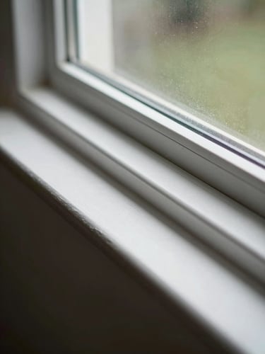 Close-up of a freshly cleaned window sill and frame after renovation work, overcast daylight from outside, no paint residue, sharp documentary framing from slightly above