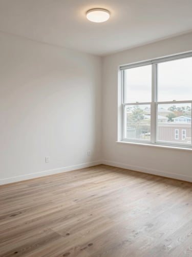 Wide corner-angle shot of an empty residential room fully cleaned for move-in, overcast daylight through large window on right, spotless baseboards and light fixtures, no furniture, high contrast