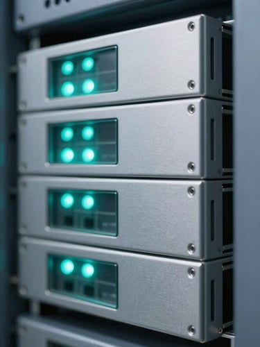 Macro close-up of a secure local server rack in a cleanroom, soft teal status lights reflecting on brushed stainless steel, clinical white light, sharp focus, 35mm