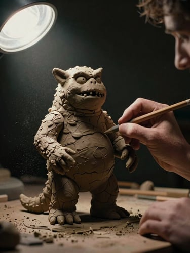 An animator's hand carefully sculpting a clay monster maquette under a dramatic studio spotlight, clay dust in the air, rich dark textures, 35mm film grain.