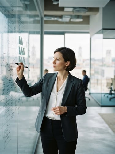 Environmental portrait of a business advisor analyzing a structured chart on a glass wall, Vilnius office background, bright natural light, cool desaturated tones, sharp focus, 35mm
