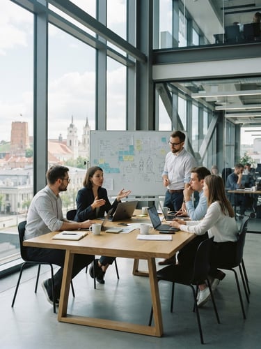 Modern corporate office environment in Vilnius, bright natural light, sharp architectural lines, professional collaboration, 35mm photography