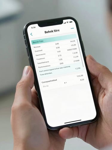 A close-up of a patient's hands holding a smartphone displaying a clean, high-contrast medical record dashboard with test results and doctor's notes, clinical setting