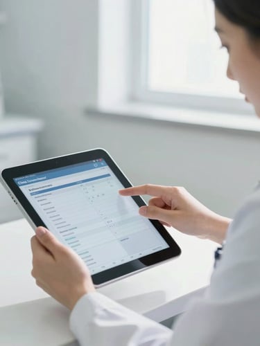A sharp, bright medium-close shot of a medical professional in a clean, daylight-filled clinical environment, interacting with a modern tablet interface showing patient records.